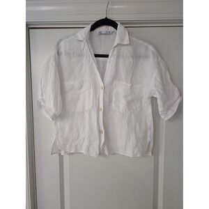 Zara Womens White 100% Linen Short Sleeve Button Up XS Coastal resort beachy
